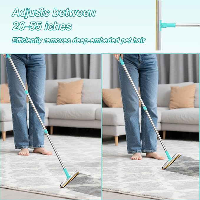 Carpet Rake for Pet Hair Removal Tool - Reusable Dog Cat Hair Remover Scraper with Adjustable Long Handle, Carpet Clean Brush & Broom for Rugs, Mats, Couch, Furniture and Car Interiors