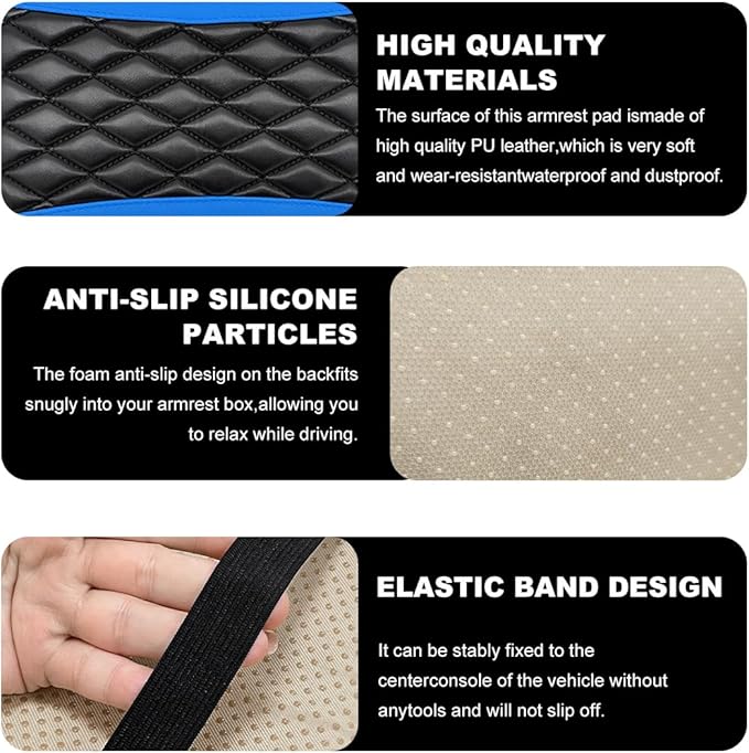 Car Center Console Cushion Pad, 12.6 × 7.48 Inches Waterproof Car Armrest Seat Box Cover, PU Leather Armrest Cover Protector for Most Vehicle, Universal Car Interior Accessories (Black+Blue)