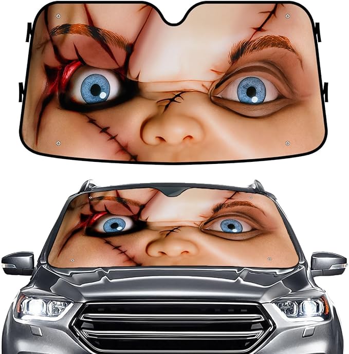GENANY Killer Doll Windshield Sun Shade for Car SUV Truck (55x30 Inches), Horror Sun Shade Windshield, Shades for Front Windows, Protector Blocks UV, Car Decor