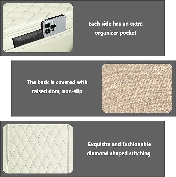 Upgraded Car Center Console Cover,Microfiber Leather Car Armrest Cover Cushion with 2 Storage Bags,Universal Armrest Storage Box Interior Accessories for Most Vehicles (Cream)