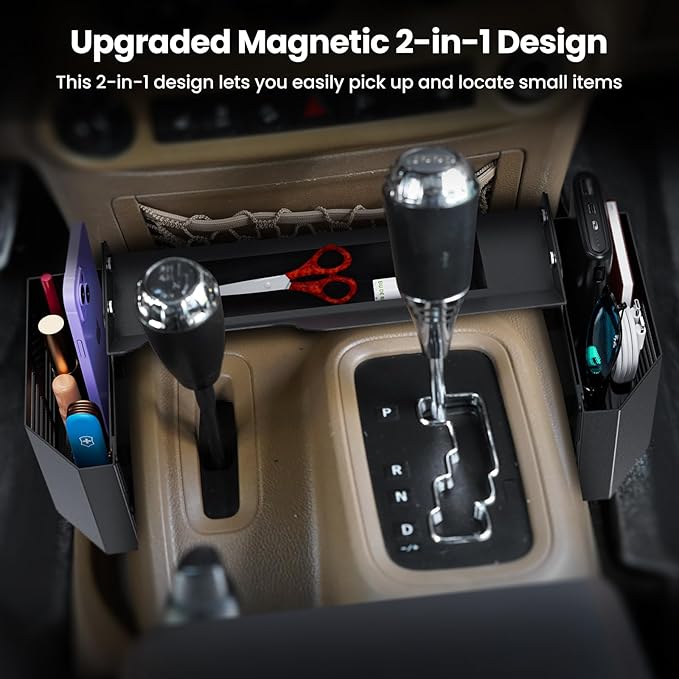 DIAMOOKY Upgraded Metal Magnetic Center Console Organizer for Jeep Wrangler JK JKU 2018 2017 2016 2015 2014 2013 2012 2011 Accessories, Gear Shift Side Storage Box Tray, Integrated (Not for JL/JLU)