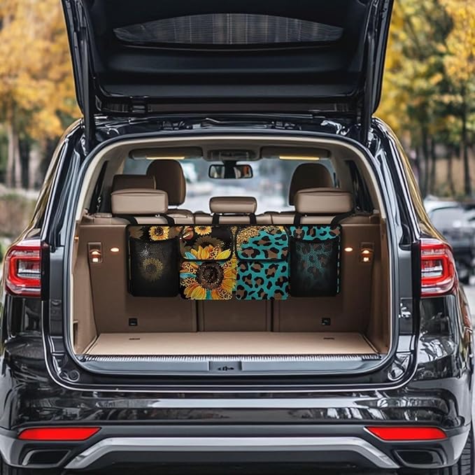 Sturdy Car Backseat Trunk Organizer Leopard Sunflower Pattern Trunk Storage Bag for SUVs, Vans, Cars Car Organization Women