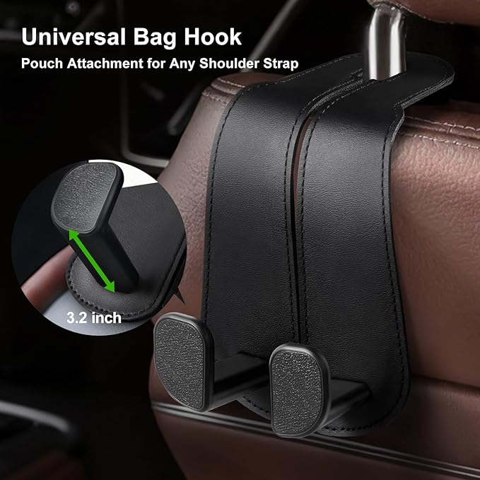 CoBak Extra Wide Car Seat Back Hooks, Premium Stitched Leather Headrest Hangers with Wide Slot Structure, Universal for Any-Width Purses, Handbags, Bags (2 Pack), Black