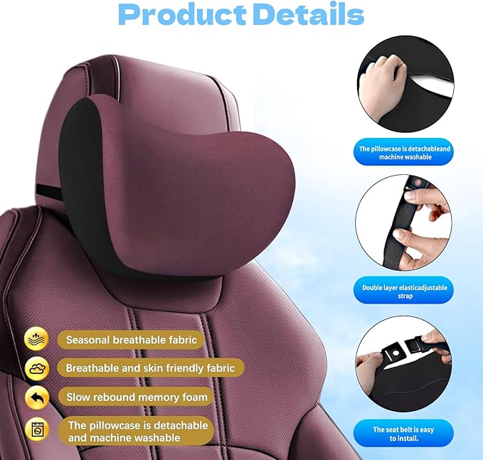 Car Neck Pillow & Headrest Support for Driving - Memory Foam Neck Support Pillow with Adjustable Strap & Removable Cover, Office Chair, Travel Essentials - 2 Pack (Grey)