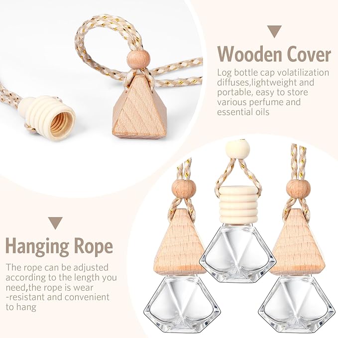 BBTO 100 Pcs Car Air Fresheners Diffuser with Wooden Cap Empty Aromatherapy Diffuser Clear Car Fragrance Holder Pendant Hanging Perfume Fresheners Bottles for Decor(Diamond,Clear)