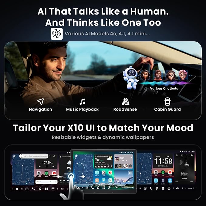 12.95" QLED AI Agent Android Single DIN & Double DIN Car Stereo, Floating Screen, 8G+128G in-Dash Navigation, Golden Hour Alert, 4G LTE, 7.1.2-Ch Audio, HDMI in, Car IoT Hub, Wireless CP&AA,X10G129E
