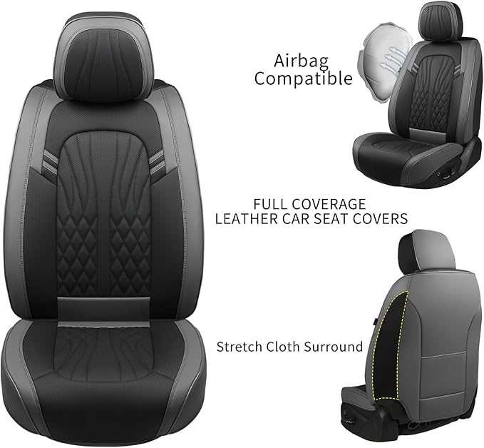 Leather Car Seat Covers,Car Seat Protector Waterproof,Seat Covers Full Set, Car Seat Protectors 5 Seats,Automotive Seat Covers Fit Most Cars Grey&Black