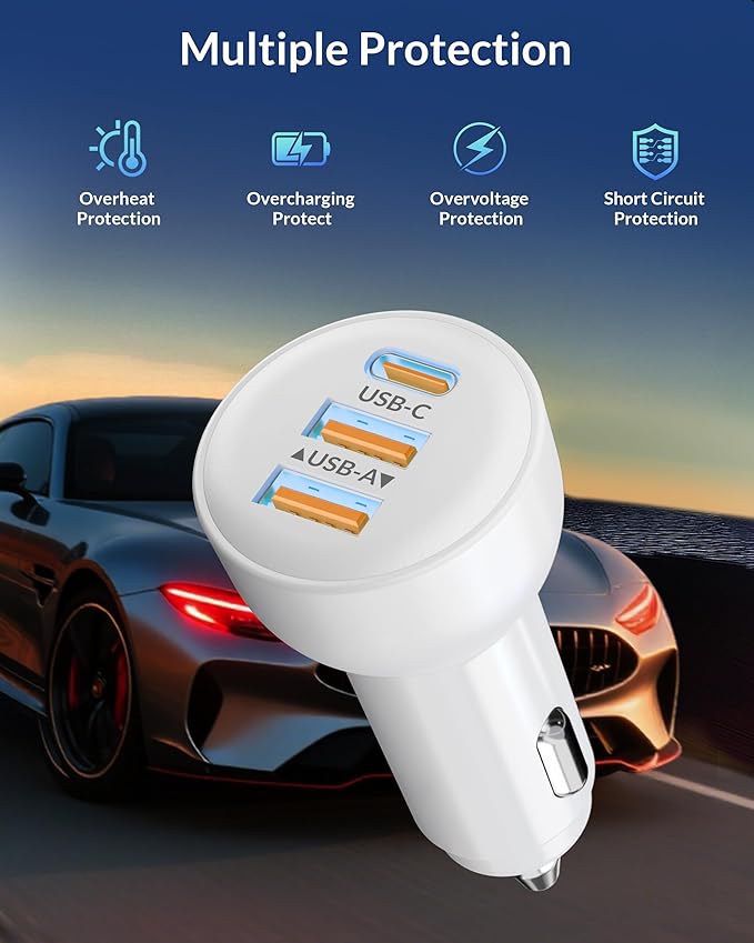 3-Port 70W Fast Car Charger for iPhone 14 13 12 11 Pro Max Plus Mini SE XR XS X 8 7 6, iPad, 2Pack USB Carplay Cord &Lightnings Charging Cable and USB-C&A Car Charger Adapter Cigarette Lighter