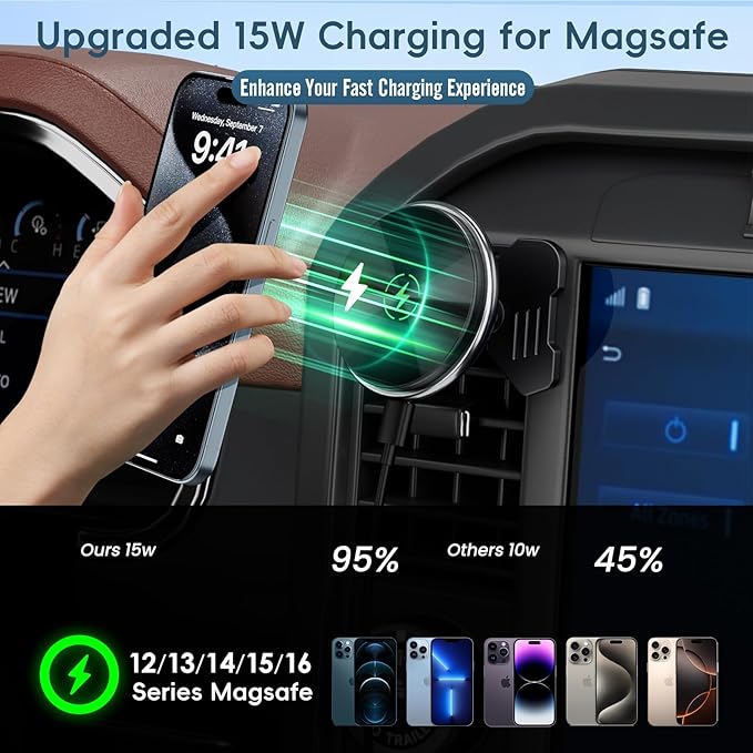 Car Vent Wireless Charger Magnetic Phone Mount Compatible with 2021-2026 Ford F-150, 2023-2026 Super Duty F250/F350/F450, Metal Phone Holder Cradles Bracket Stand for All Smartphones (No Socket Arm)