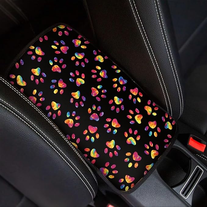 Dreaweet Tie Dye Dog Paw Center Console Cover for SUV Cute Car Accessories for Women Car Armrest Cover Cushion Soft Comfy Car Arm Rest Cover Pad Universal for Most Vehicles