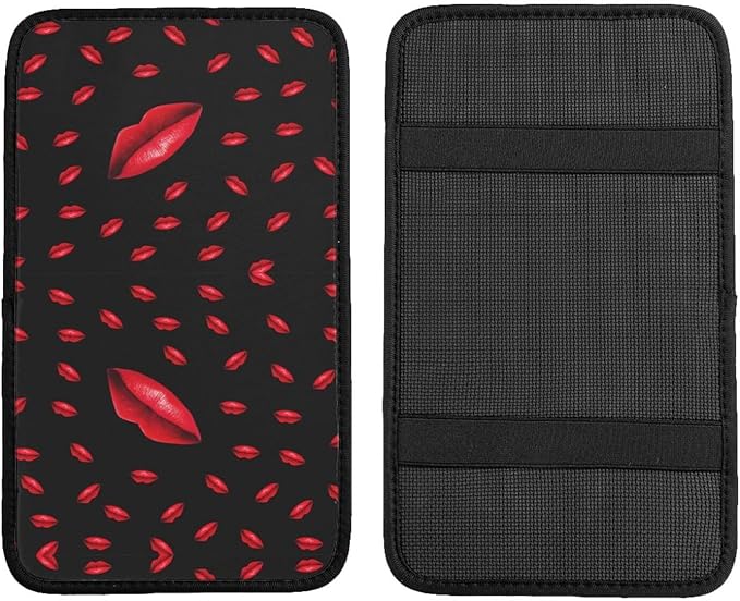 Car Armrest Cover Auto Center Console Pad Arm Rest Cushion Soft Car Accessories Universal for Most Vehicle (Bright Red Lips Pattern Design)