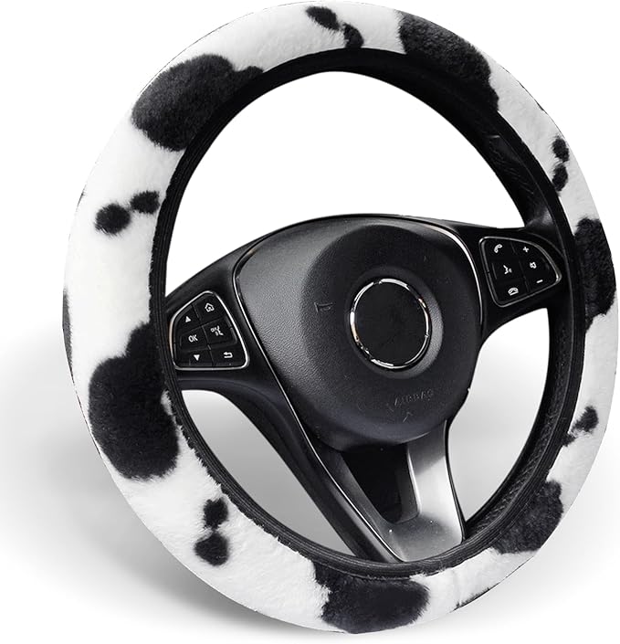 ALEMODR Cow Print Plush Steering Wheel Cover Fluffy Winter Warm Universal 15 inch for Women Girls