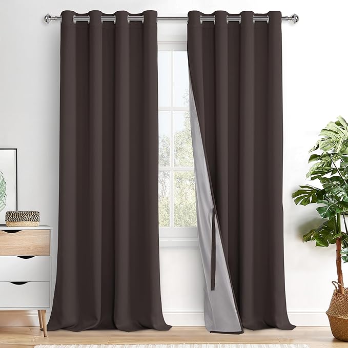 XWZO Complete Blackout Shades Window Curtain Panels with Tiebacks- Noise Reduction and Light Blocking Grommet Curtains with Black Liner for Studio, Living Room, Brown, W52 x L95, Set of 2 Panels