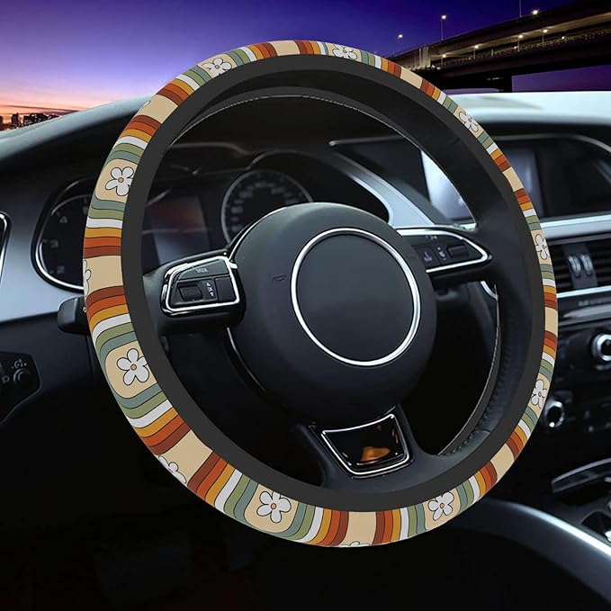 Car Steering Wheel Cover for Women Men, Non-Slip Rainbow Retro Steering Wheel Protector, Universal 14"-15" Fit for Cars, SUVs, Trucks (Rainbow Retro)