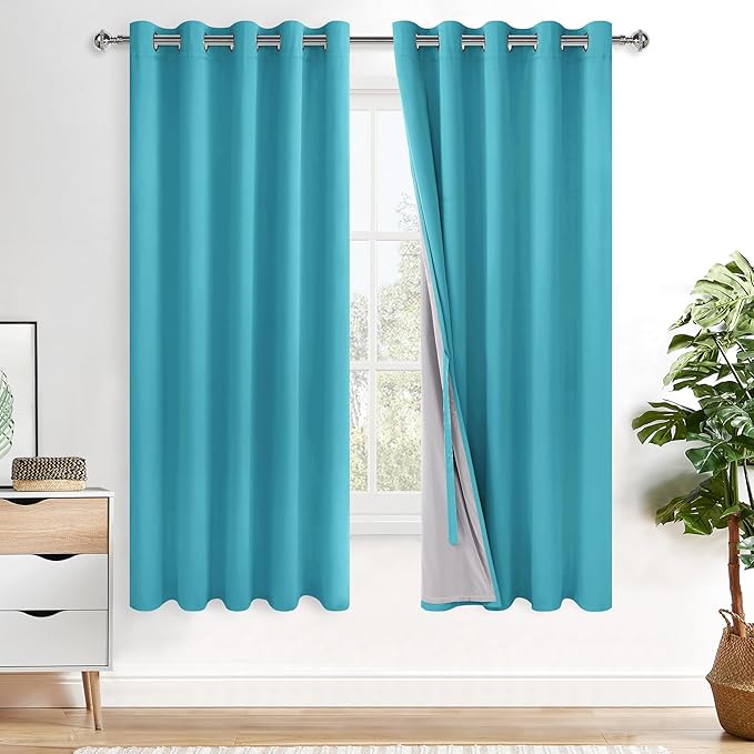 XWZO 100% Blackout Curtains 63 Inches Length with Tiebacks - Heat and Light Blocking Ring Top Window Drapes with Black Liner Backing for Bedroom/Kid's Room, Turquoise, W60 x L63, Set of 2 Panels