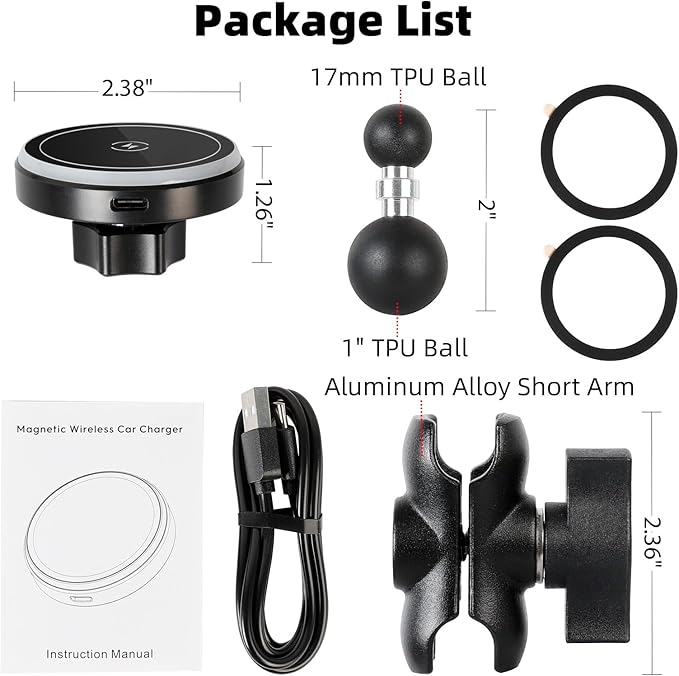 Magnetic Wireless Charging Phone Holder Base for RAM Mounts, 1" (25mm) Ball Mount with Short Aluminum Arm, Compatible with Magsafe iPhone 17/16/15/14/13/12 Series