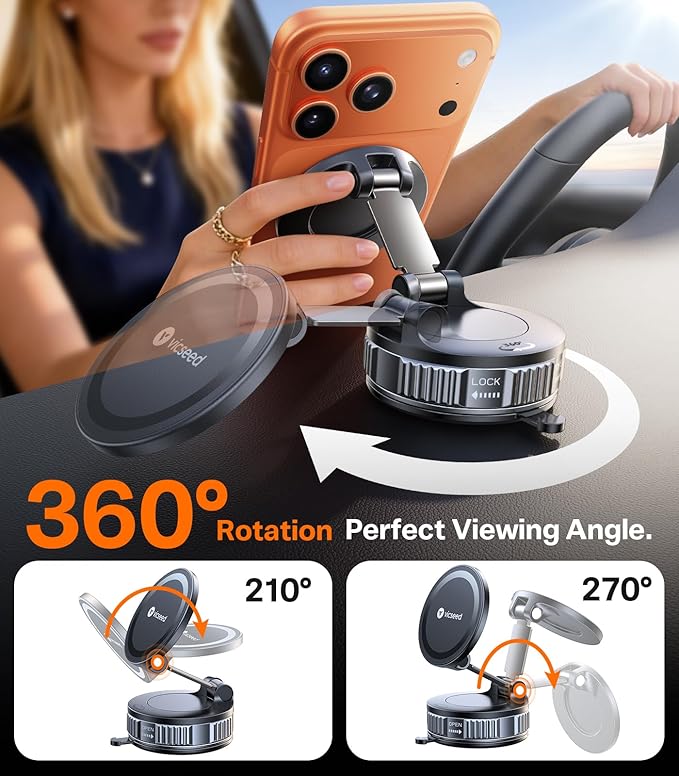 VICSEED Ultimate for Magsafe Car Mount [98+LBS Strongest Suction] 360° Vacuum Magnetic Phone Holders for Your Car Metal Arm Foldable Cellphone Mount for iPhone 17 16 15 14 13 12 Pro Max Air Android