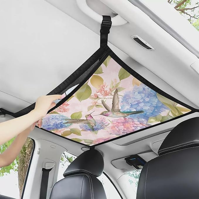 NDISTIN Hummingbird Car Ceiling Cargo Net Large Capacity Car Interior Roof Storage Net Hydrangea SUV Sundries Storage Pouch Loadbearing Mesh Net Holder with Adjustable Buckle Auto Accessories