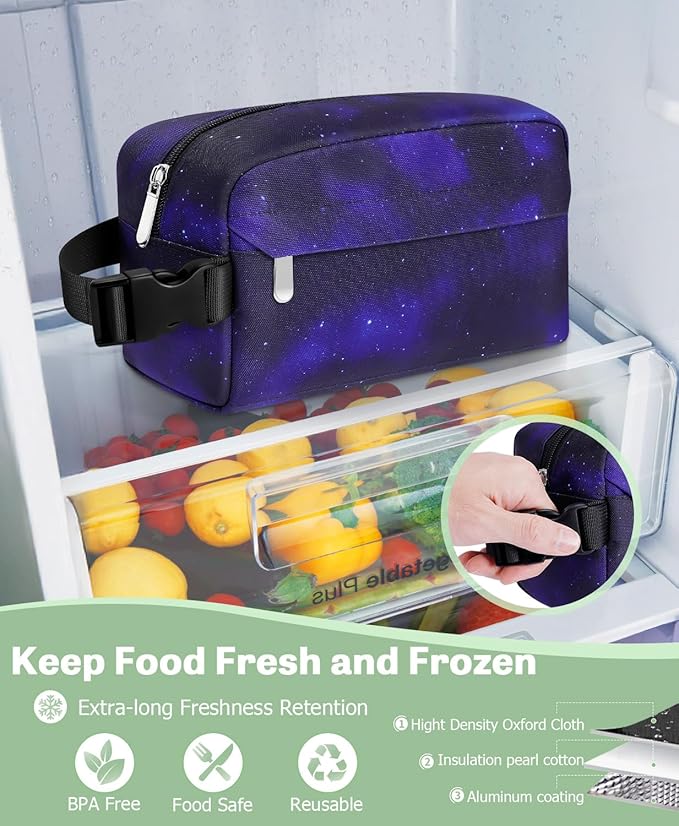 Small Insulated Snack Bag Lunch Bag for Kids Lunch Box for Women/Men, Collapsible [3L/5-Can] Reusable Lunch Bag Cooler Bag for Bottle with Handle Buckle for Work School Travel (Starry Sky)
