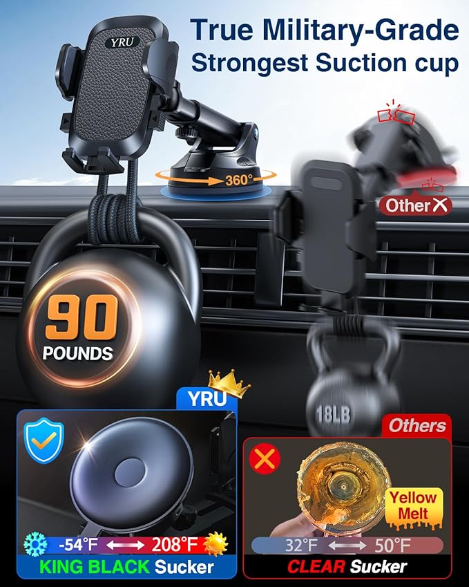 YRU True Military-Grade [360° Rotation Suction] 2026 Ultimate Car Phone Holder Mount 【90+LBS Safest Strongest & Patent Certs】 Dashboard Windshield Vent for iPhone 17 16 Pro Max Samsung