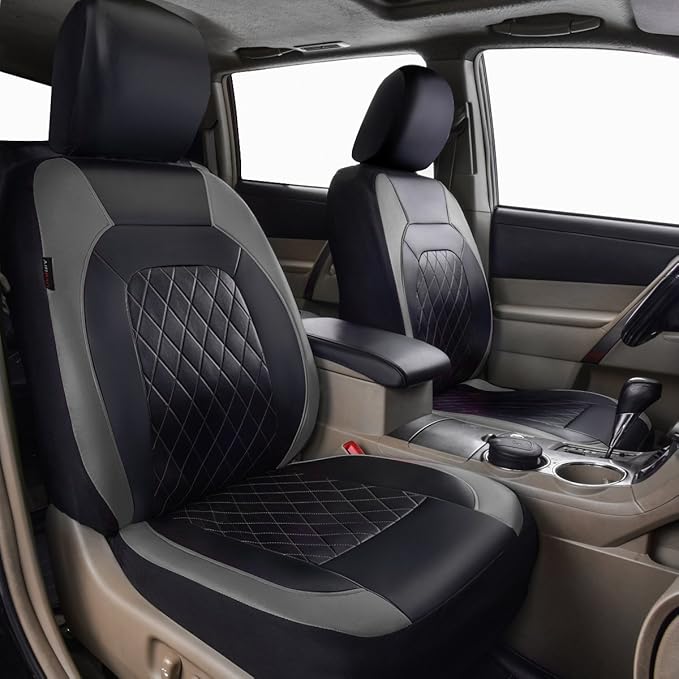 Universal Deluxe Pu Luxury Vinyl Faux Leather Car Seat Covers Full Set, Airbag Compatible, Breathable, Fit for Most Sedans, Vans, SUVs (Black and Gray)