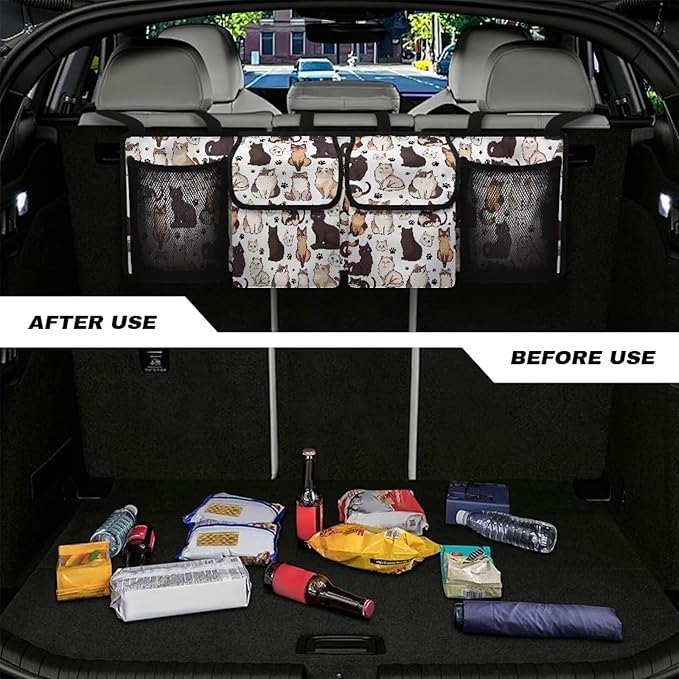 Car Trunk Organizer Cute Cat Back Seat Car Organizer Equipped with Robust Elastic Net, Hanging Trunk Storage Organizer with Lids, Space Saving Expert