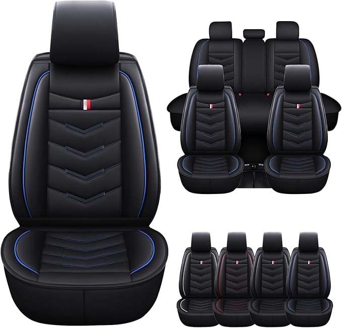 Car Seat Cover for Ford Explorer 2000-2025, Waterproof Durable Compatible Airbag, Premium Leather Seat Protector(5 Seats Standard,Black Blue)