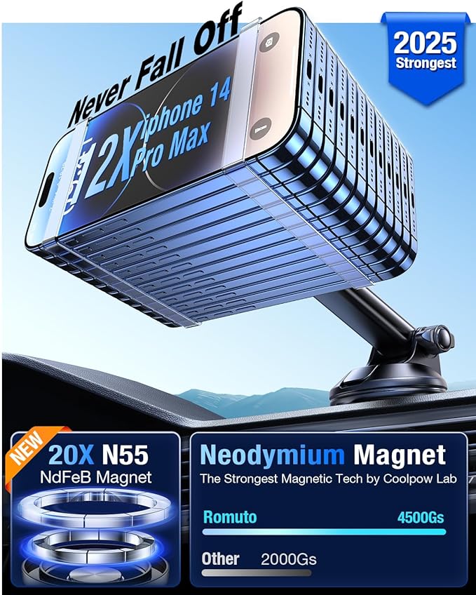 Romuto for MagSafe Car Mount【Strongest Magnet】 Magnetic Phone Holders for Your Car Dashboard Wind Vent Cell Phone Holder【360° Rotation】 Suction Car Mount for iPhone 16 15 14 13 12
