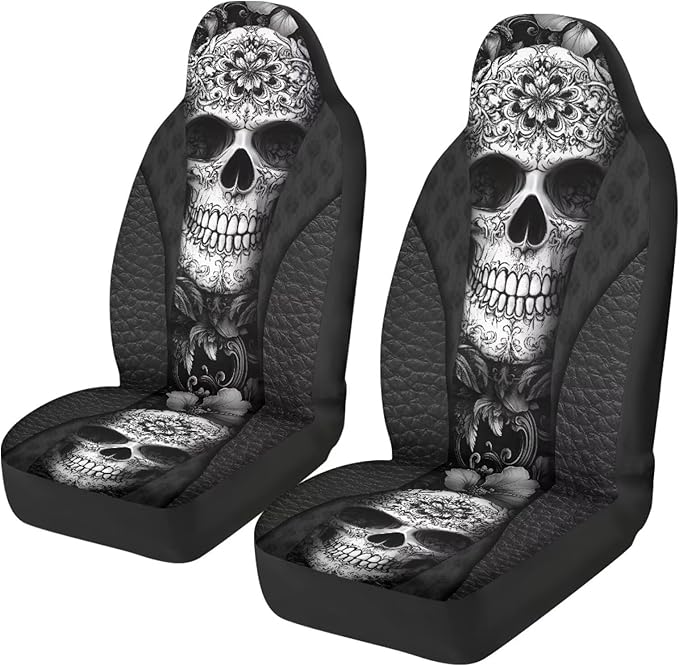 Sugar Skull Car Seat Cover Anti-Slip Back Fabric Soft Automobile Front Seat Covers Easy to Install All-Season Protection Universal Vehicle Accessories