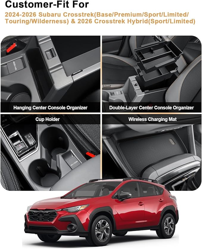 Center Console Organizer Set For 2024-2026 Subaru Crosstrek/Hybrid - 4 Pcs Double-Layer Armrest Box Organizer + Hanging Organizer + Cup Holder + Wireless Charging Area Mat For Crosstrek Accessories