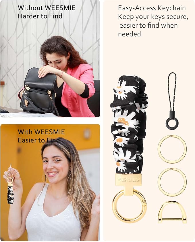 WEESMILE Keychain Wristlet, Stretchy Key Chain for Car Keys with D ring, Cute Scrunchie Wrist Bracelet for Women Men