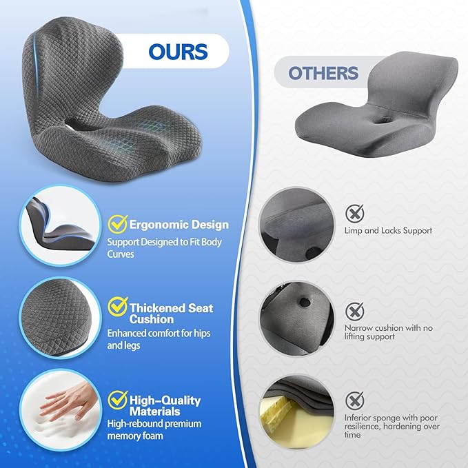 Office Chair Cushion for Tailbone & Back Pain Relief, Strong Lumbar Support Ergonomic Cushions, Comfortable Memory Foam Cushion for Pain Relief, Suitable for Office Chairs, Home Chairs, Car