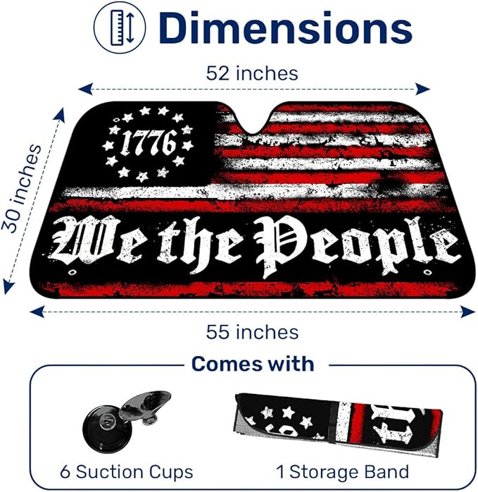 GENANY We The People Windshield Sun Shade for Car SUV Truck (55x30 Inches), Memorial Day Sun Shade Windshield for Windows, Protector Blocks UV, Car Decor