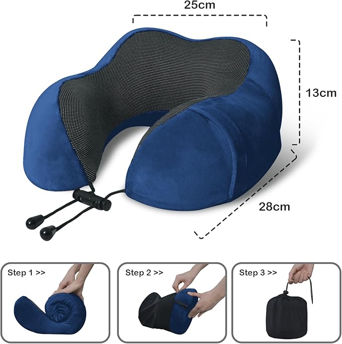 Travel Pillow, Memory Foam Neck Pillow for Traveling, U Shape Neck Pillow Airplane Portable Flight Pillow Travel Kit with 5D Contoured Eye Masks and Earplug for Plane Train Car Home Office - Blue