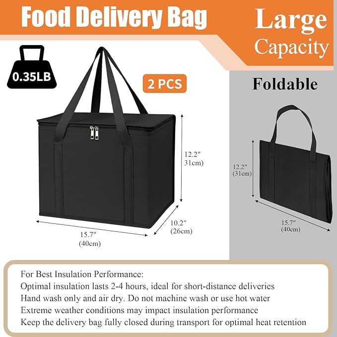 PEASUG 2 Pack Insulated Bags for Food Delivery, XL Pizza Delivery Bags, Large Capacity Cooler Bag Keep Food Warm for Grocery Shopping and Catering, Foldable, Heavy-Duty (Black)