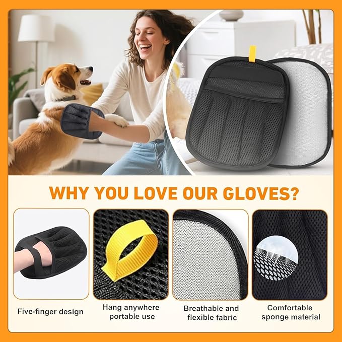 Pet Hair Removal Glove, Pet Hair Remover Gloves for Cats & Dogs Hair Remover, Magic Brush Pet Hair Removal Tool for Furniture, Couch, Car Seats, Clothing(2Pcs)