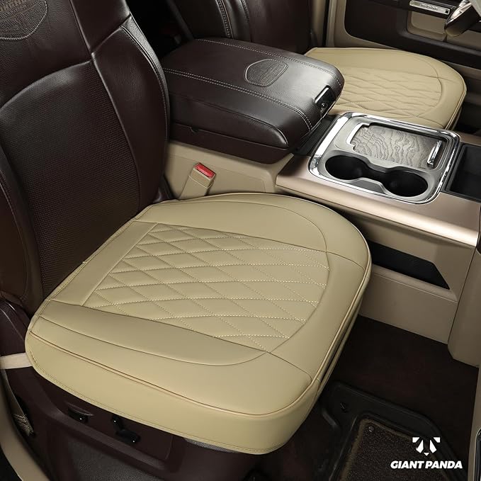 GIANT PANDA Bottom Seat Cover for Trucks&SUV, Front PU Leather Driver Seat Protector Fit for Chevy,Ram,Toyota,GMC,Ford F150 F-Series (Beige-2PCS)