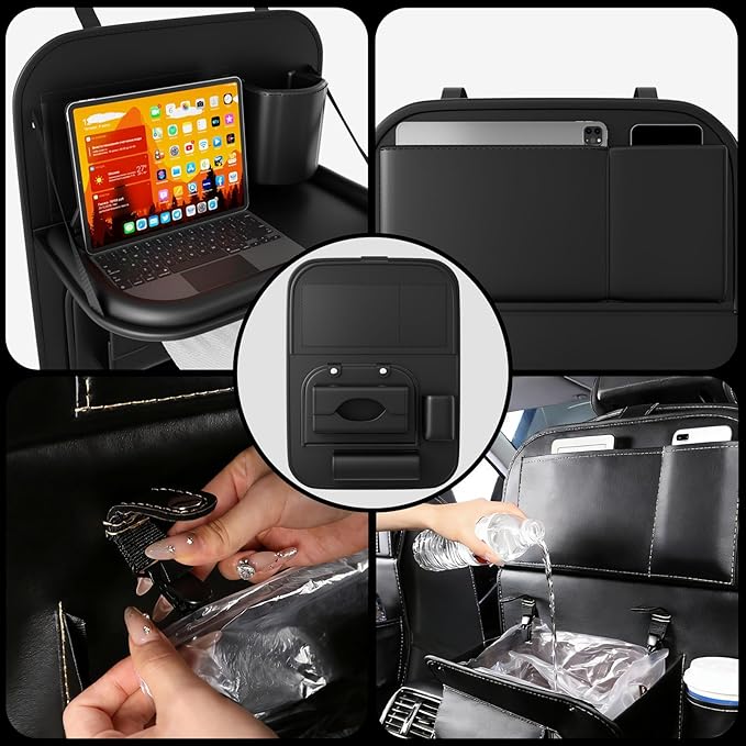 Universal Premium Leather Foldable Car Backseat Organizer with Table Tray, Car Seat Back Protector with Garbage Bag Touch Screen Pad Holder, Car Kick Mats Protector with Tissue Holder (Black)