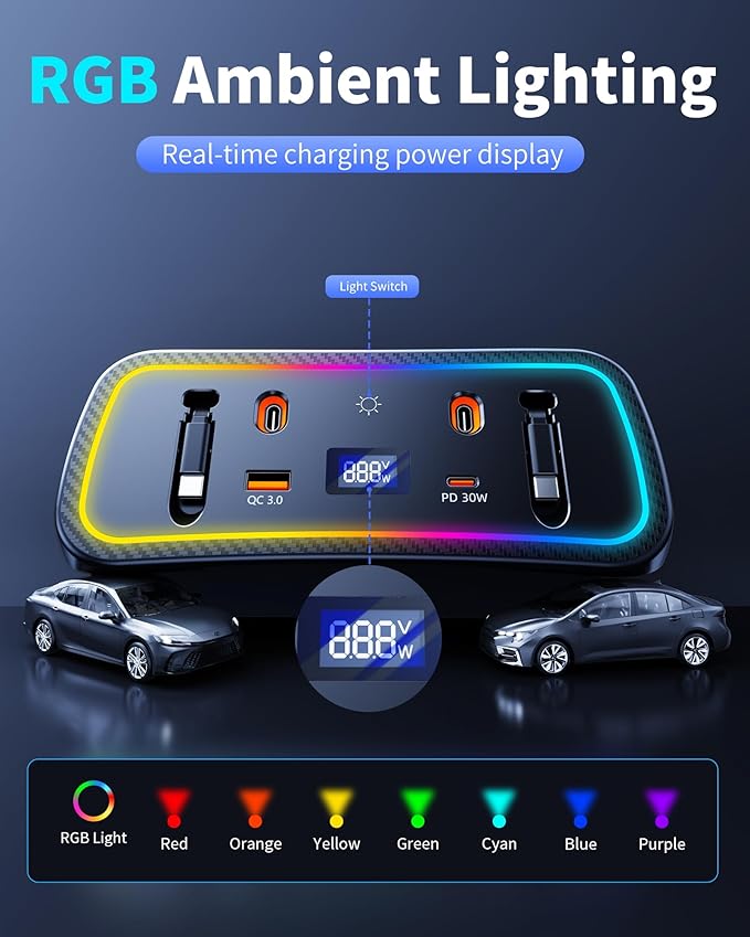 Car Charger Usb Hub with RGB Light for 2026 2025 2024 2023 2022 2021 2020 Toyota Corolla Accessories, 4-Port Docking Station with Retractable Cable, Phone Fast Charging Hub with Voltage Display