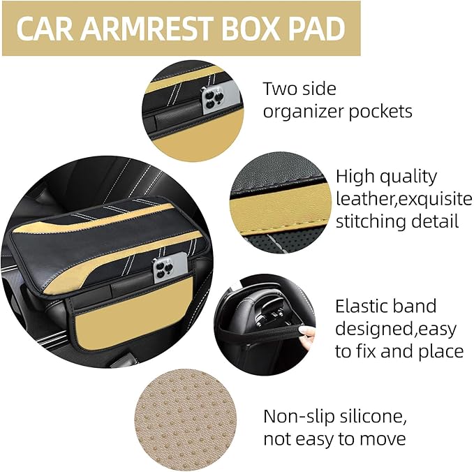 NBTEPEM Beige Center Console Cover, Sporty Leather Armrest Cover Cushion with 2 Storage Pockets, Universal Auto Middle Console Protector, Car Interior Accessories for Most SUV, Truck, Sedan Vehicles