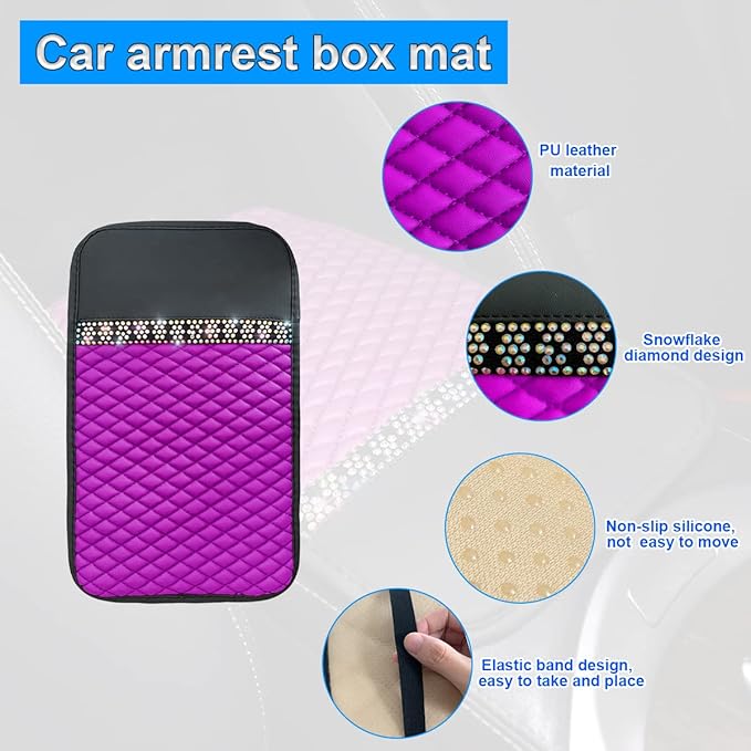 Bling Leather Car Center Console Cover, Car Center Console Protector With Glossy Crystal Rhinestone, Universal Waterproof Car Armrest Seat Box Cover For Most Car, Vehicles, SUVs, Trucks (Purple)