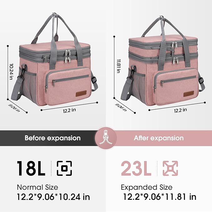 Maelstrom Lunch Box, 23L Insulated Lunch Bag, Expandable Double Deck Cooler Bag, Lightweight Leakproof Tote Bag With Side Tissue Pocket, Suit For Men and Women (E. Pink)