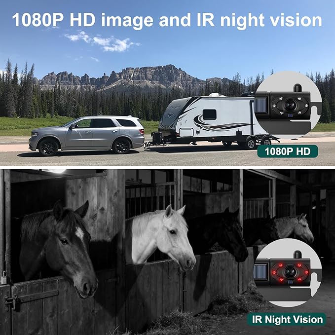 1080P Solar Wireless Backup Camera with 5in Monitor, 5000mAh Rechargeable Battery and Solar Panel, IP69K Waterproof, IR Night Vision, Support 2 Cameras, for Car, RV, Trailer, Camper (0092)