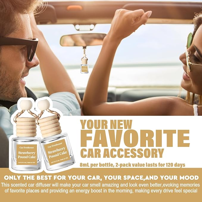 C Classy Hanging Car Air Freshener 2 Pack, Strawberry Pound Cake Essential Oil Diffuser, Long-Lasting Fragrance, Cute Glass Bottle Car Accessories for Women & Men, Made in USA