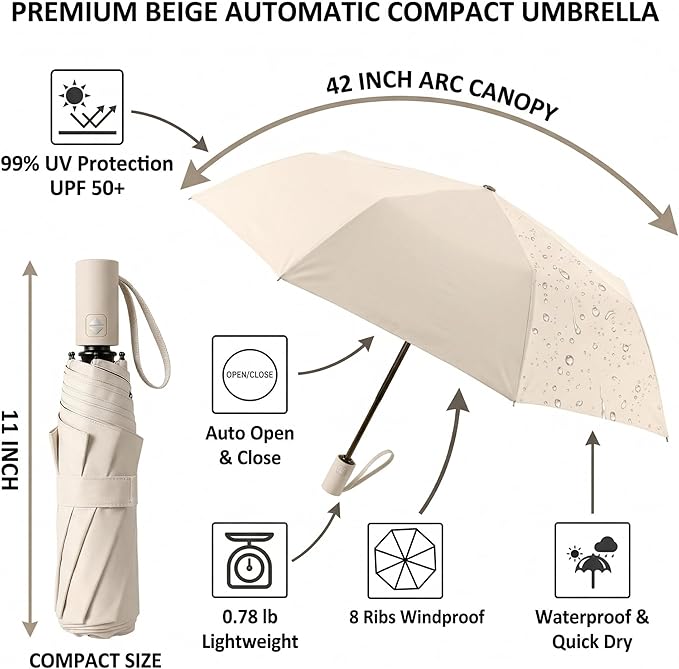 BAODINI Small UV Protection Travel Umbrella Compact for Rain and Sun UPF 50+ Windproof Portable 42 inch Umbrella for Women and Men