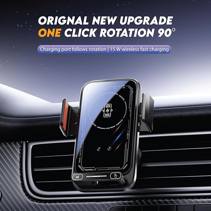 15W Wireless Car Charger & Auto Rotating Car Phone Holder MagSafe Compatible with LED Lights, Gesture Control Clamping, Auto Arm Opening, Built-In Battery, Dual Mount Options for Vent or Dashboard