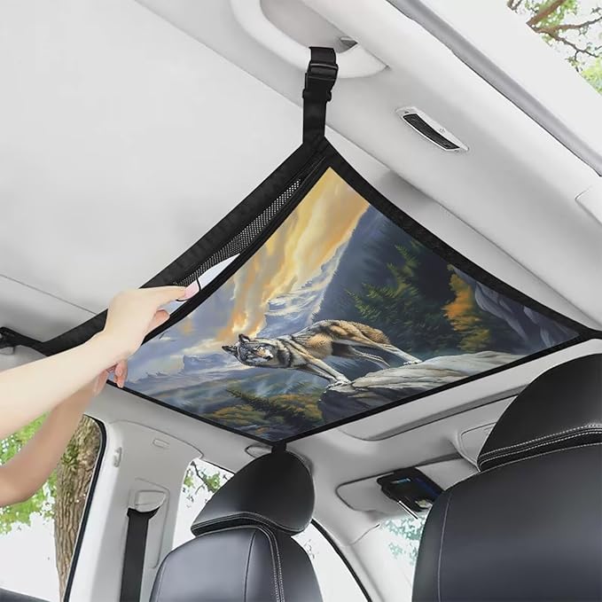 Generic Wolf Car Ceiling Cargo Net,31.69"x24.02" Reduce Car Roof Mesh Storage Organizer,Camping Gear Must Haves Cargo Bag,Long Travel Road Trip Car Camping Essentials Accessories