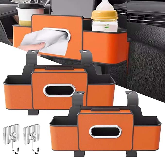 3-in-1 Car Backseat Organizer, 2026 Upgraded Multifunctional Car Seat Back Storage Box, Backseat Car Organizer with 2 Cup Holders, Tissue Box & Hooks, Universal Car Essentials (2Pack A)