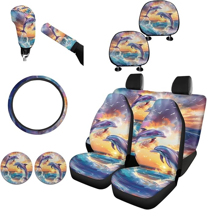 FKELYI Dolphin Car Seat Covers - Full Set with Steering Wheel, Gear Shifter, Handbrake, Headrest Covers and Cup Coasters