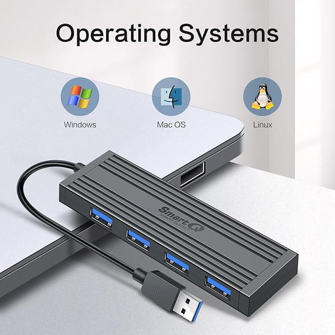 SmartQ 4-Port USB 3.0 Hub, High-Speed Data Hub, USB Port Expander for Laptop, PC, iMac, Surface Pro, XPS, Flash Drives, Mobile HDD, and More (Slim USB 3.0 Hub - 0.5 ft)